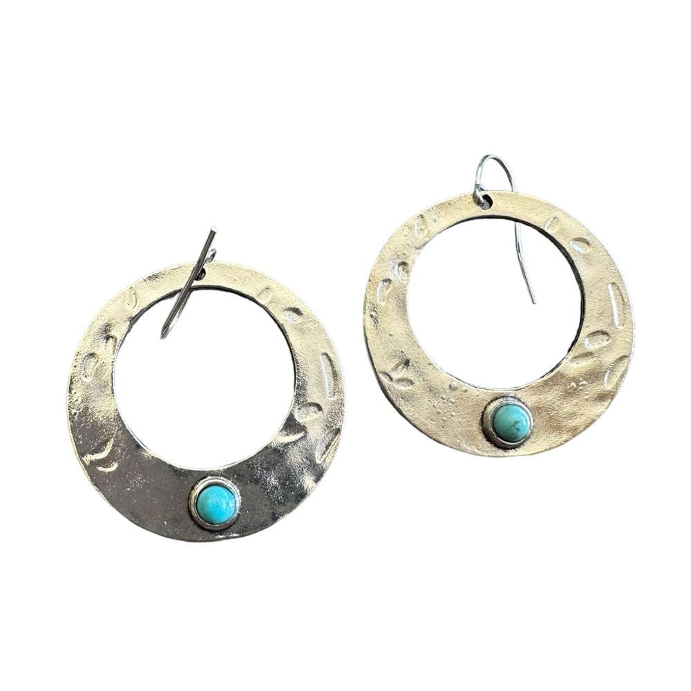Boho Hammered Silver Open Hoop Drop Earrings with Turquoise Stone Accent